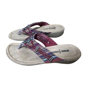 MINNETONKA SILVERTHOREN RED STRIPE BROWN LEATHER THONG FLIP FLOP‎ SANDAL SHOE 5